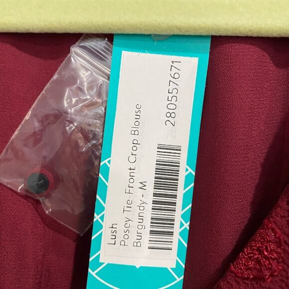 Lush Burgundy Posey Tie Front Crop Blouse Sz M NWT - Picture 7 of 14